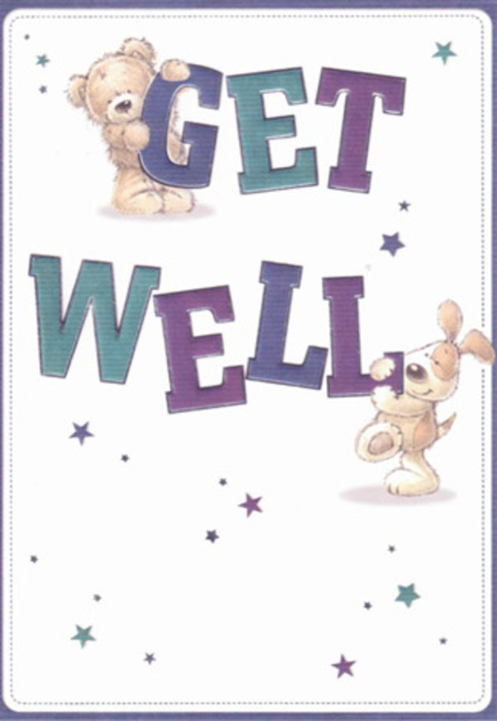 A heartwarming tableau unfolds in this get well card, perfectly capturing the light-hearted resilience found around Hackney Wick. The card's confident typography in deep purples and aquas echoes the vibrancy of the area's murals, offering a message of healing with a playful twist. Dancing stars, painted in tones of blue and violet, flit around a charming bear and puppy as they tenderly cradle the message, their soft fur and floppy ears brimming with soothing texture. The illustration's inviting white background enhances every gentle detail, much as sunlight brightens the leafy paths of Queen Elizabeth Olympic Park nearby. The composition glows with sincerity, each brushstroke reminiscent of the care put into bespoke flower arrangements for Hackney Wick locals. Imagine sending this card alongside a lush bouquet-it conjures a sense of touch, hope, and genuine neighbourly care that lifts spirits and reassures in the sweetest way.