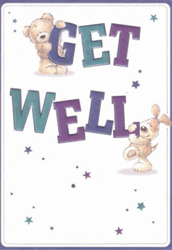 This get well card delivers a sense of instant comfort, echoing the community warmth found in Hackney Wick's creative corners. The central artwork-a cuddly teddy bear gripping the word 'GET' and a lively puppy hugging the word 'WELL'-is imbued with playful energy and nurturing care. The friendly shapes, expressive faces, and rounded forms of the two companions embody honest affection and steadfast hope, while the surrounding starbursts, painted in dreamy shades of purple and teal, hint at the possibility and magic in recovery. The bold, colourful letters resting on a crisp white background evoke clarity and renewal, like the sun glinting on the River Lee Nav. Each detail, from the subtle shadows in the fur to the uplifted orientation of the message, speaks to the kind of creativity and precision a florist brings to every bouquet at Hackney Wick Florist. Altogether, the scene assures warmth, recovery, and a sense of local belonging-an ideal comfort for anyone on the mend.
