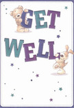 This cheerful get well card radiates friendly warmth-two adorable friends, a teddy bear and a floppy-eared puppy, joyfully support large, colourful letters spelling 'Get Well.' Set against a creamy soft backdrop, hues of indigo and teal in the bold words catch the eye, while playful stars in purples and blues twinkle nearby, imbuing the design with a whimsical sense of optimism. The richly illustrated textures of the bear's plush fur and the puppy's velvety ears invite both comfort and a gentle smile, reminiscent of receiving a hand-arranged bouquet from Hackney Wick Florist. Each element feels intentionally placed for emotional impact, like selecting the perfect flower to bring cheer to a friend along the towpaths of Hackney Wick. This card embodies a heartfelt wish for recovery-an uplifting gesture crafted with artistry and local affection, perfect for brightening anyone's journey to wellness.